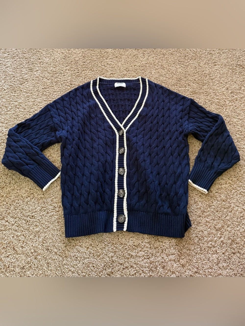 Old Navy Varsity Cable Knit Cardigan Navy White Trim Medium